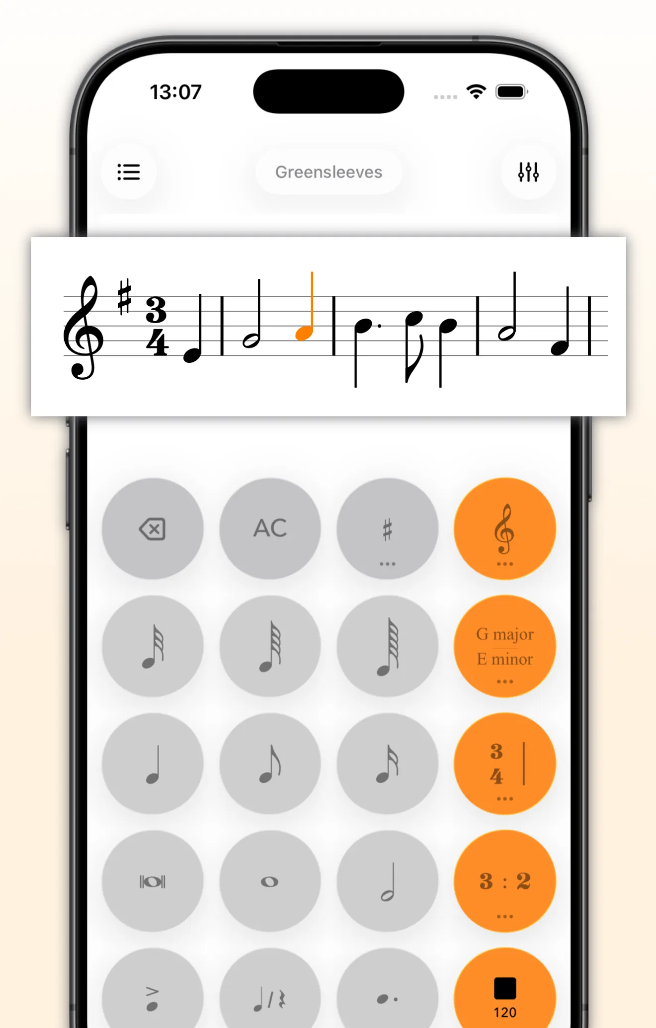Music Calculator on iPhone playing a passage back, with the sounding note highlighted