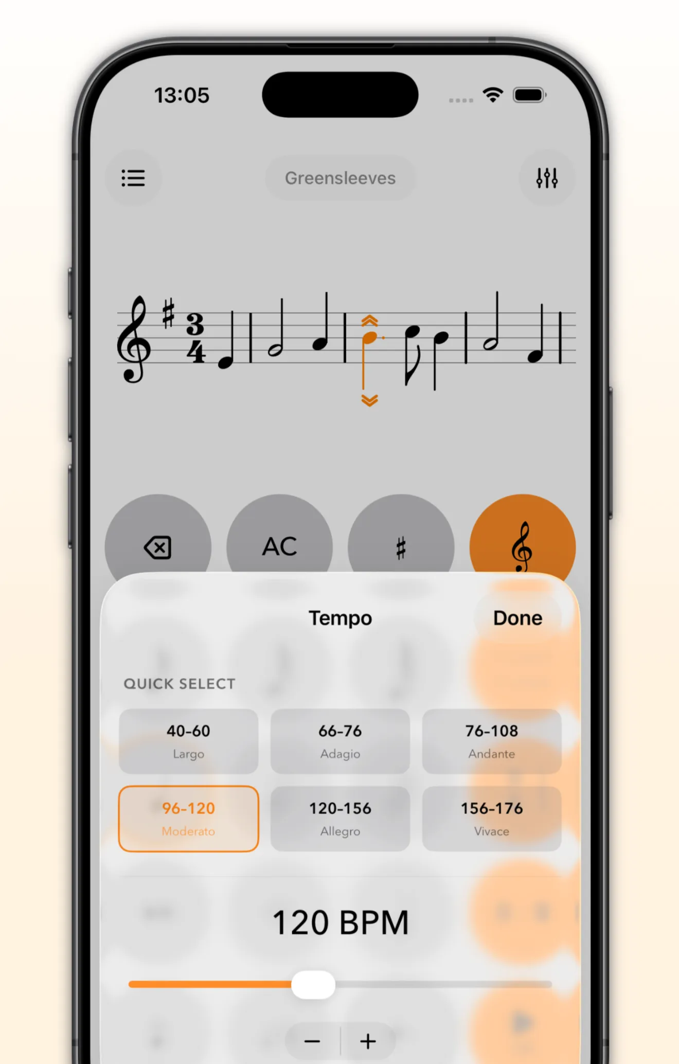 Music Calculator on iPhone with the tempo control open to slow playback down