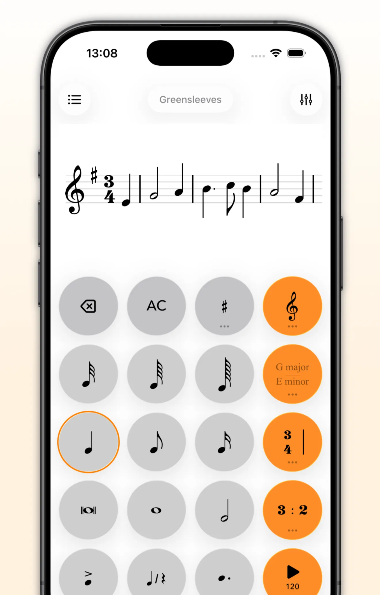 Music Calculator on iPhone — a passage of notation entered with the calculator-style keypad