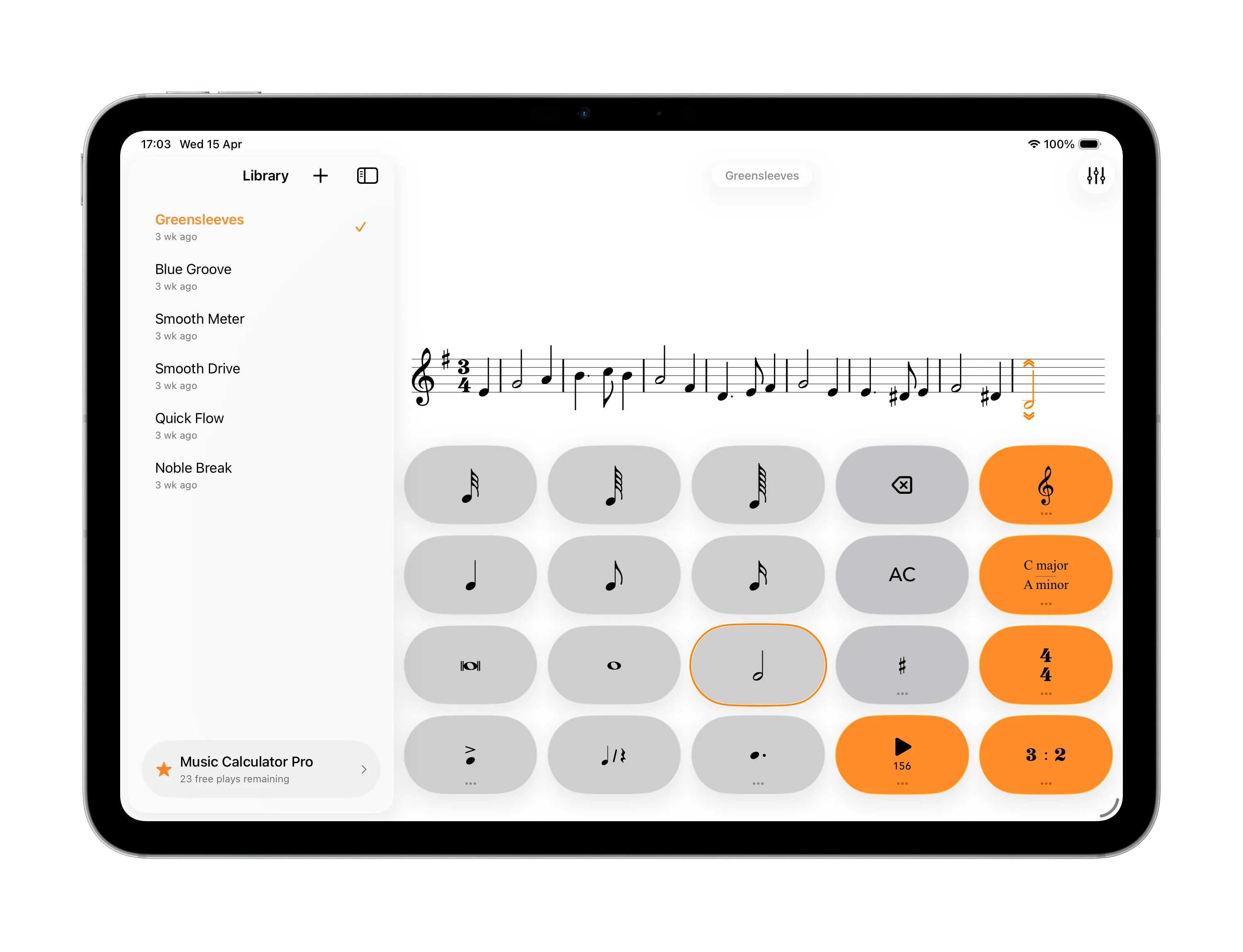Music Calculator notation editor running on iPad