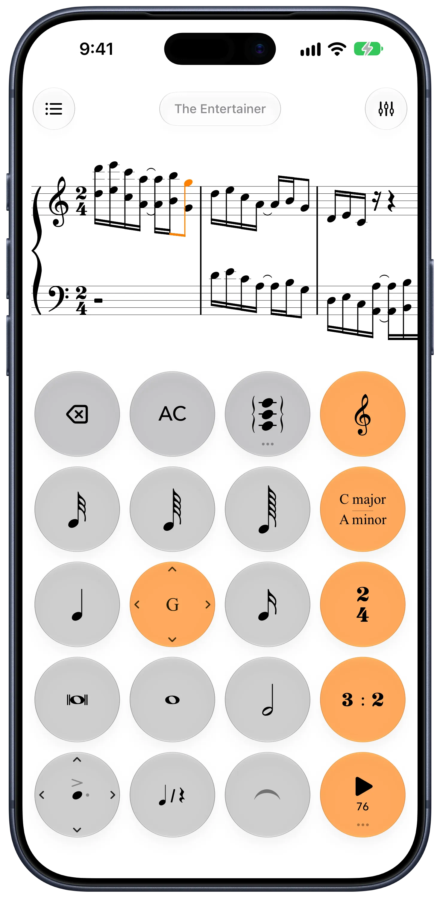 Music Calculator on iPhone: Joplin's The Entertainer for piano, with the note key showing G