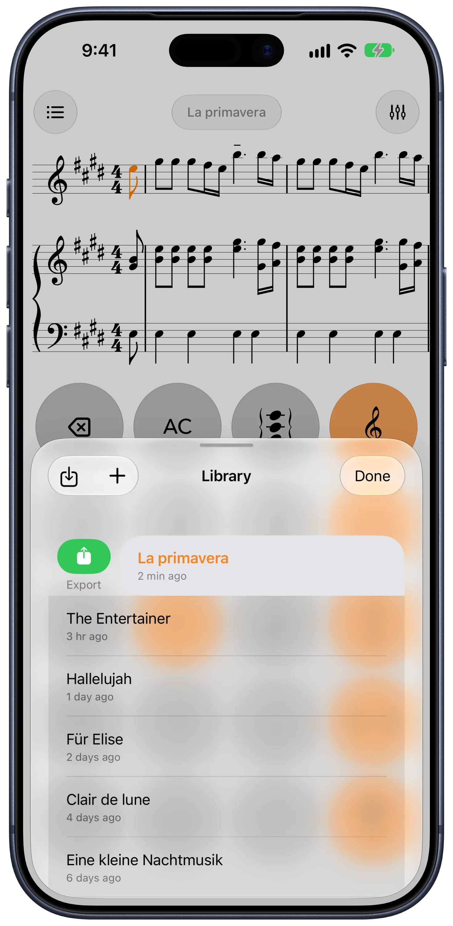 The library, with a piece ready to export as MusicXML