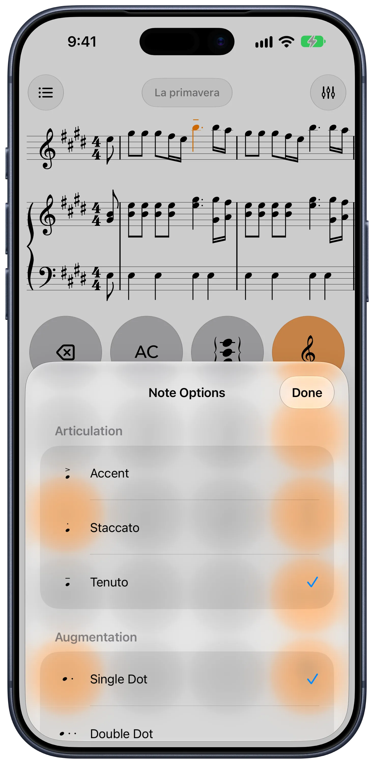 Note options: accents, staccato, tenuto and dots