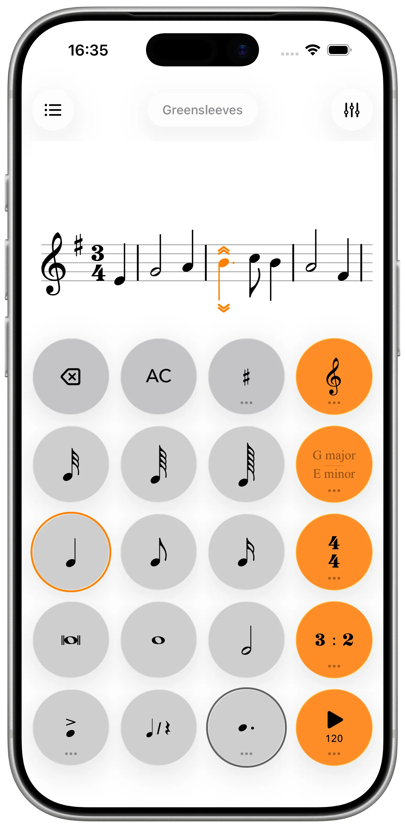 Music Calculator notation playback running on iPhone